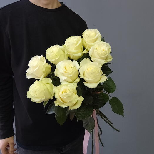 Белые эквадорские розы Мондиаль под ленточкой, 9 штук