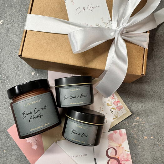 Набор из трех аромасвечей (Абсент из ч.смородины 200мл/Тонка и уд 100мл/Морская соль и орхидея 100мл)