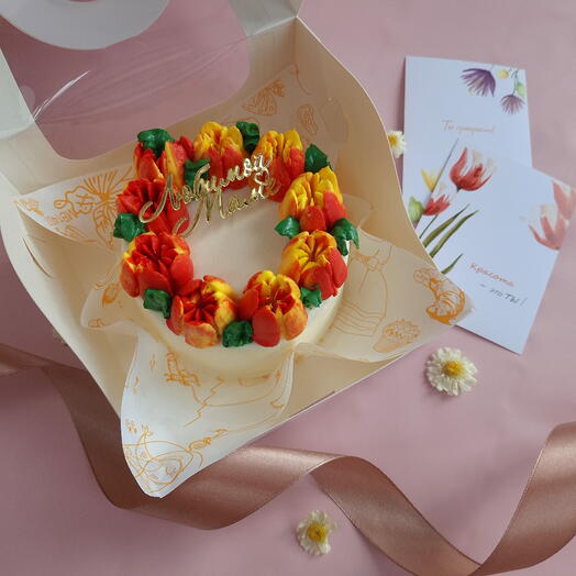 Сладкий подарок на 8 марта маме Бенто торт с тюльпанами и акриловым топером Любимой маме жене, сестре, дочери