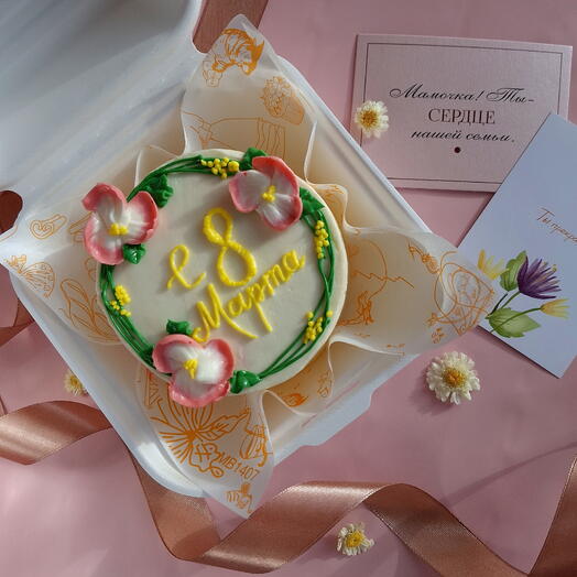 Бенто торт на 8 марта с розовыми цветами и мимозой девушке, женщине, коллеге, сестре, маме, подруге, дочери