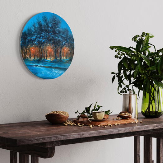 Тёплый вечер — авторская картина маслом, зимний вечерний пейзаж