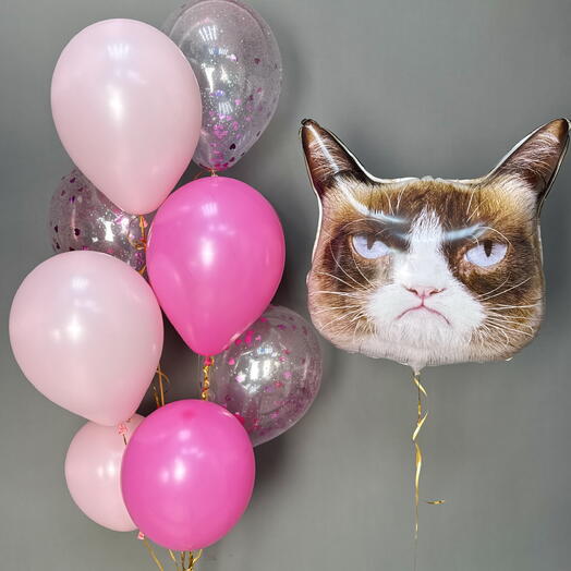Шары да день рождения «Угрюмый кот» девушке на день рождения, в розовых цветах, 11 шт