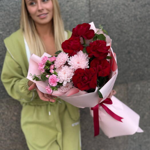 💋 «Малиновое объятие» 💋Французская Роза, кустовой диантус, хризантема🌸🌿