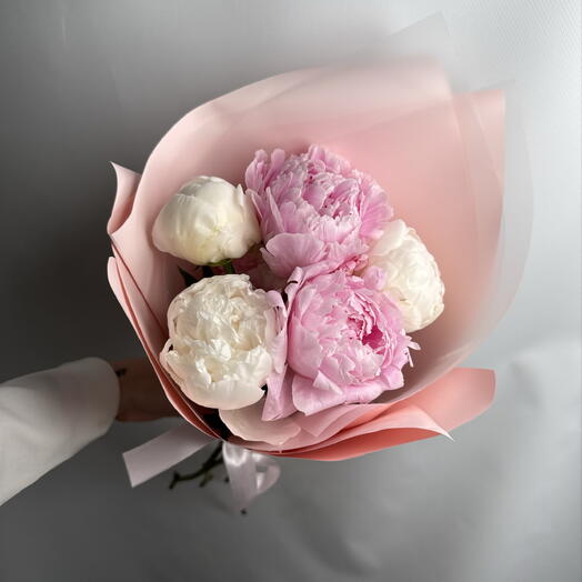 Букет из 5 пионов + подарок от Vivienne Sabo — румяна MACARON