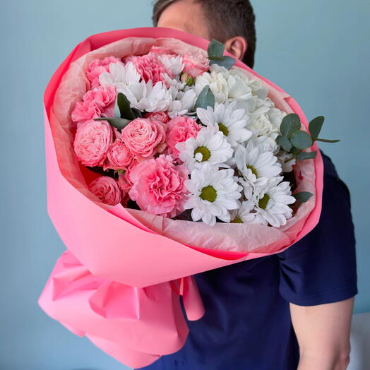Букет из розовых диантусов и белых хризантем «Розовый восход» 🌸 41252