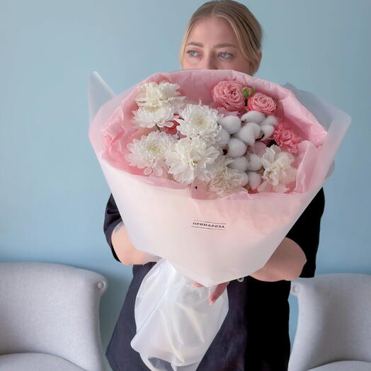Букет с хлопком, хризантемой и розой Бомбастик «Белый бархат» 🤍🌸 40941