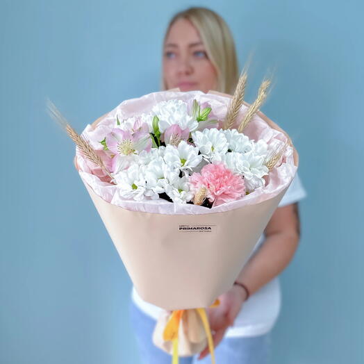 Букет с хризантемами, пшеницей и альстромерией «Летняя история» 🌾🌸 39861