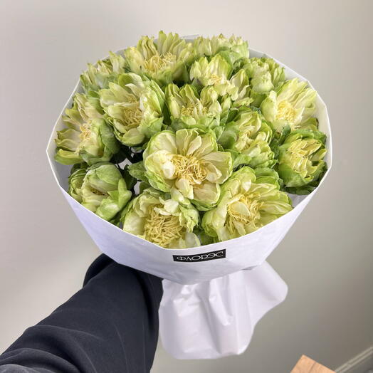 Трендовые зеленые розы VEGGIE в белом крафте