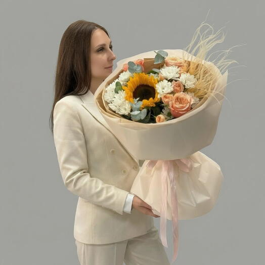 Цветочный микс: подсолнухи, хризантемы, кустовые розы, арт.729