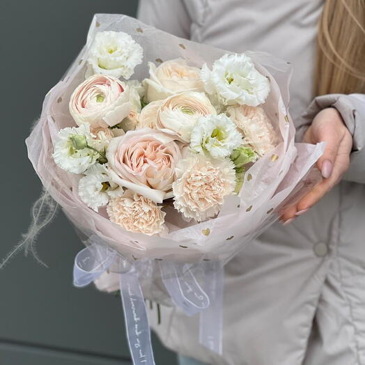 Elemis bouquet of ranunculus, Ohara and Sophie roses, eustoma, carnations and stiffs