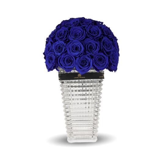 Royal Blue Preserved Roses XL in a V-Shaped Crystal Vase