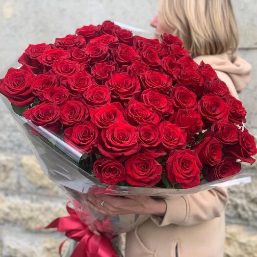 🌹 51 алая роза Эквадор 80 см (арт.064)