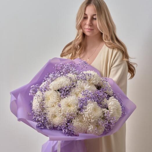 Large white chrysanthemum and purple gypsophila
