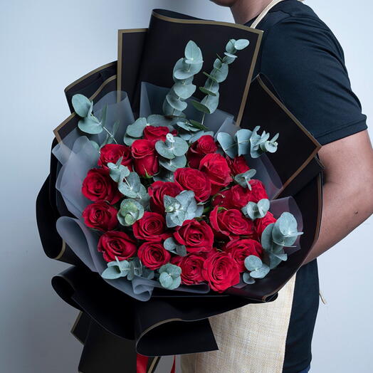 25 Red Roses And Eucalyptus