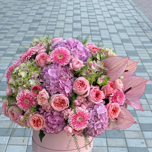Sweetzel Pink Mix Color Flowers Box - Hydrangea, Gerbera, Roses, Spray Roses, Anthurium