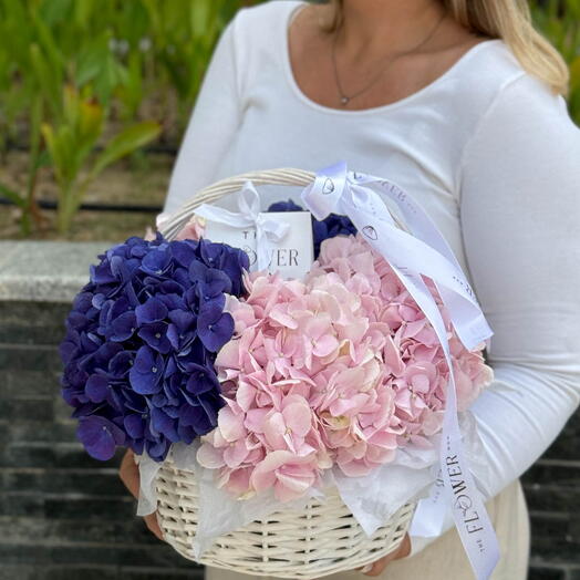 Hydrangeas Pink in White Basket