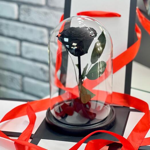 Черная «Мини» Роза в колбе в подарочной коробке - живет 5 лет! 22 см