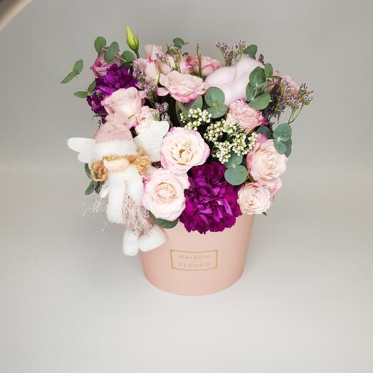 MAXI composition delicate rose, cotton raspberry dianthus with angel doll