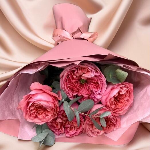 Peony-shaped roses and eucalyptus