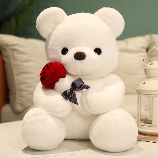 Ours en peluche blanc 25 cm avec rose rouge