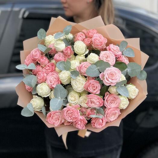 Bushy Peony-shaped roses with eucalyptus