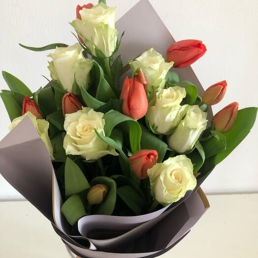 Red Tulip and White Roses