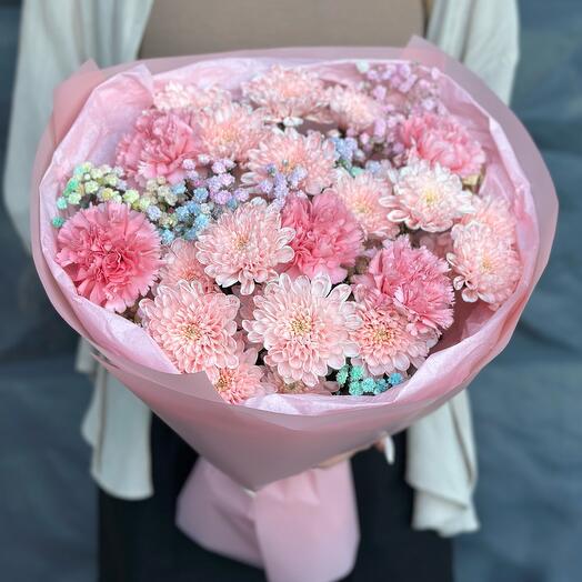 Букет «Розовый зефир» 💞из хризантем с Гипсофилой