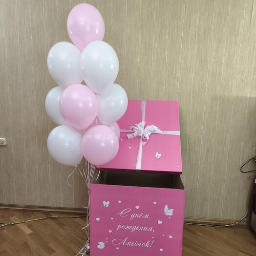 Коробка 70см розовая с 12 шарами девочке