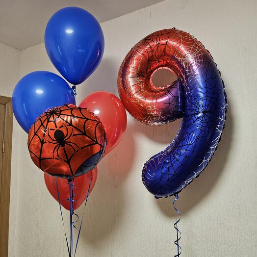 Гелиевые шары, шарики синие и красные шар цифра 9 с пауком на 9лет - 6 шаров