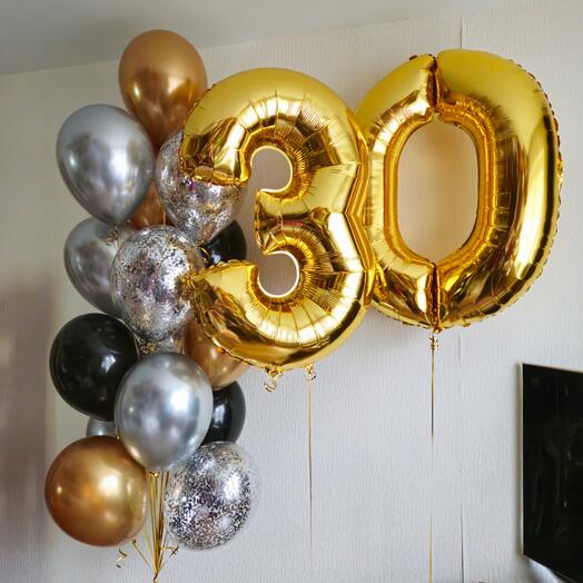 Шары черные и золотые, серебро хром на 30лет мужчины, мужа, любимого,женщины,любимой-17шаров