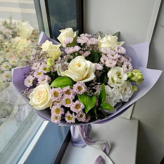 Сиреневый закат 💜Букет с пионовидной белой розой и Сантини 💜Белые розы Эустома