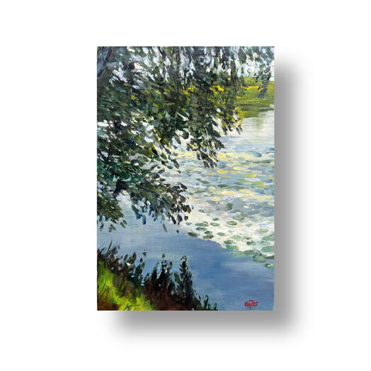 Картина маслом пейзаж "В тени на реке". Малый формат