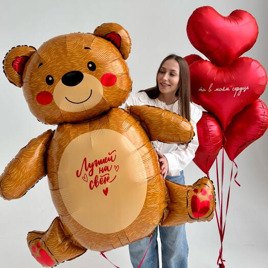 Мишка гигант с сердцами фонтан в потолок цифры баблс, большой шар, сердце звезды, с конфетти фольгированные с надписью