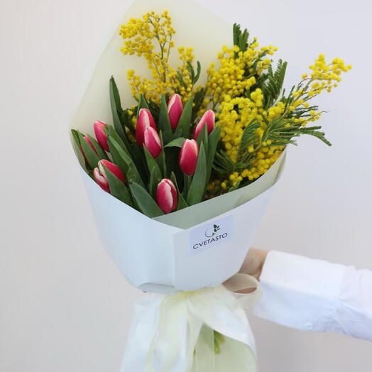 Красные тюльпаны с мимозой