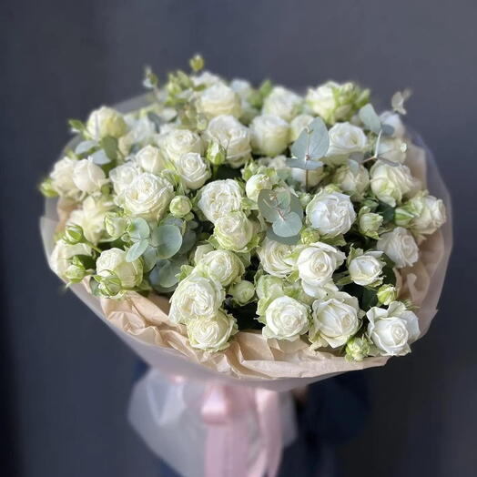 Luxurious mono bouquet of peony-shaped white bush rose and eucalyptus "Pearl"