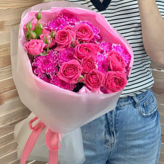 Нежный букет| 💞Пионовидные розы, кустовые хризантемы