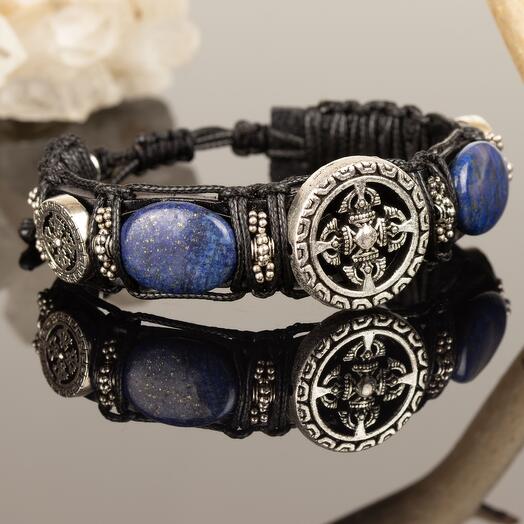 Мужской браслет с камнем из кожи  Лазурит Серебро 925