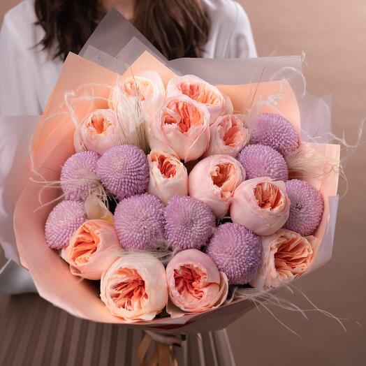 Duobucket de rosas peonías y crisantemos