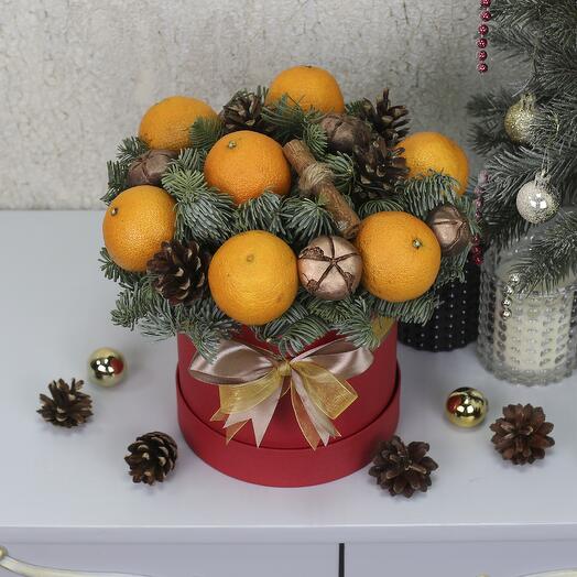 New Year's compliment in a box with tangerines and nobilis "Mandarin"
