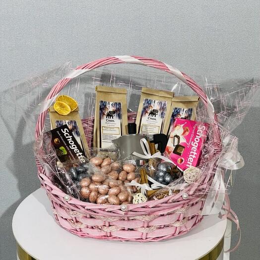 Regalo con café para mujer niña con géiser Cafetera en cesta rosa