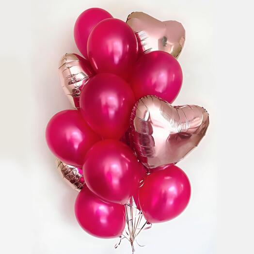 Fuente brillante de 11 bolas Fucsia y 4 bolas de corazones oro Rosa