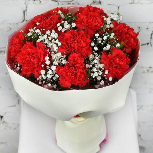 Bouquet of 11 red carnations with gypsophila