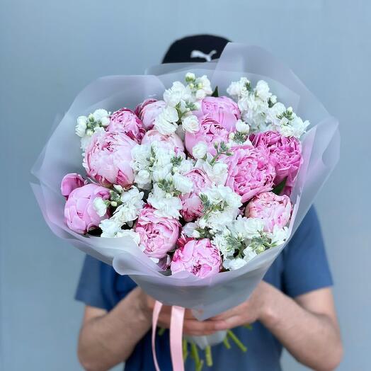 Peonies Sarah Bernhardt and fragrant matiola
