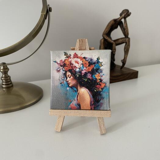 Мини мольберт с портретом девушки с цветами стилизовано под масло