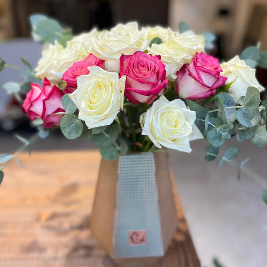 Roses in honeycomb vase