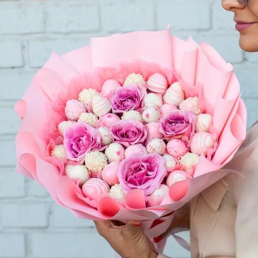 Букет из клубники в шоколаде с розами, красивый 💖