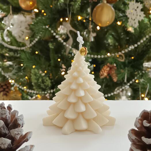 Medium Christmas Tree Candle in white colour with Black Spruce Forest Scent