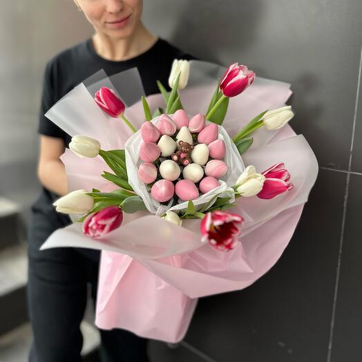 🩷Розовое блаженство с клубникой в шоколаде и тюльпанами 🌷🍓