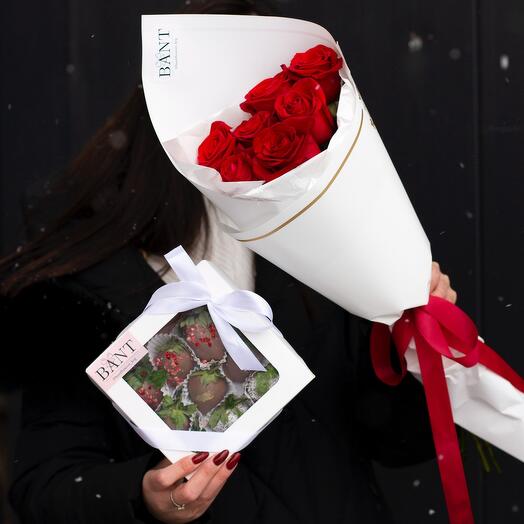 7 красных роз+ 9шт клубника в шоколаде