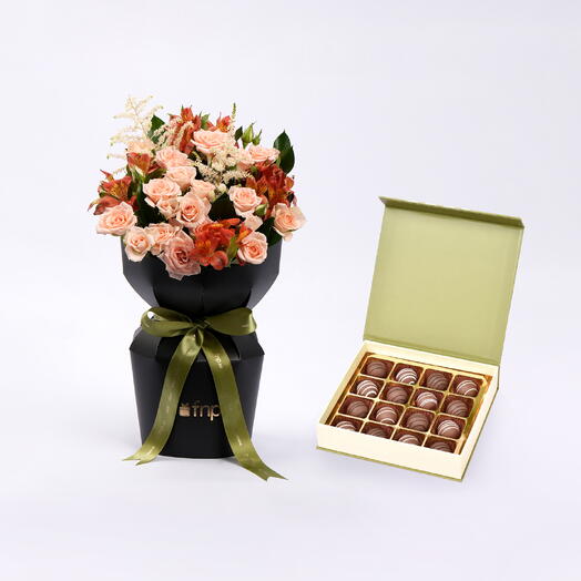 Peach Roses and Lisianthus Flowers with Truffle Chocolate